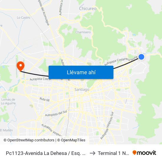 Pc1123-Avenida La Dehesa / Esq. Av. Las Condes to Terminal 1 Nacional map