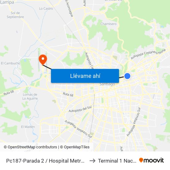 Pc187-Parada 2 / Hospital Metropolitano to Terminal 1 Nacional map