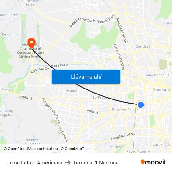 Unión Latino Americana to Terminal 1 Nacional map