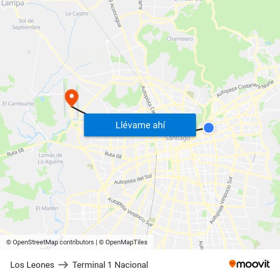 Los Leones to Terminal 1 Nacional map