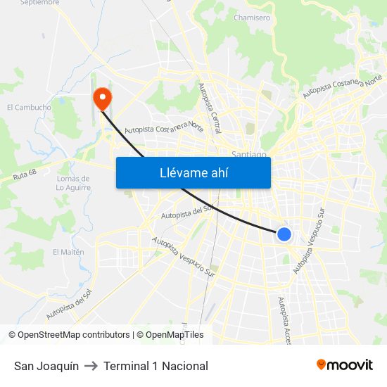 San Joaquín to Terminal 1 Nacional map