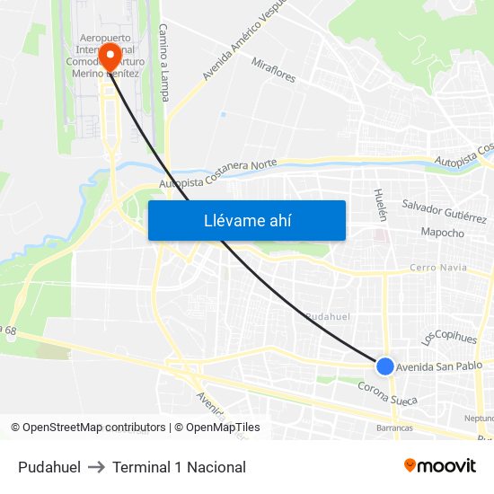 Pudahuel to Terminal 1 Nacional map