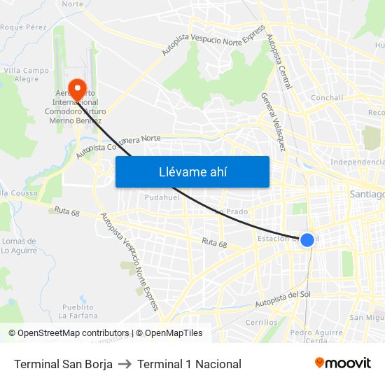 Terminal San Borja to Terminal 1 Nacional map