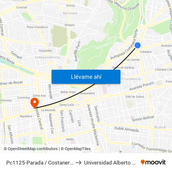 Pc1125-Parada / Costanera Center to Universidad Alberto Hurtado map