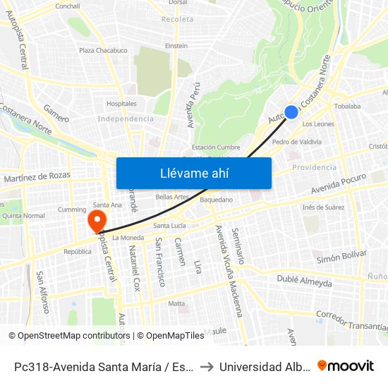 Pc318-Avenida Santa María / Esq. Av. Pedro De Valdivia to Universidad Alberto Hurtado map