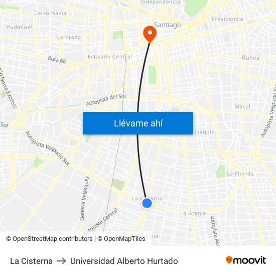 La Cisterna to Universidad Alberto Hurtado map