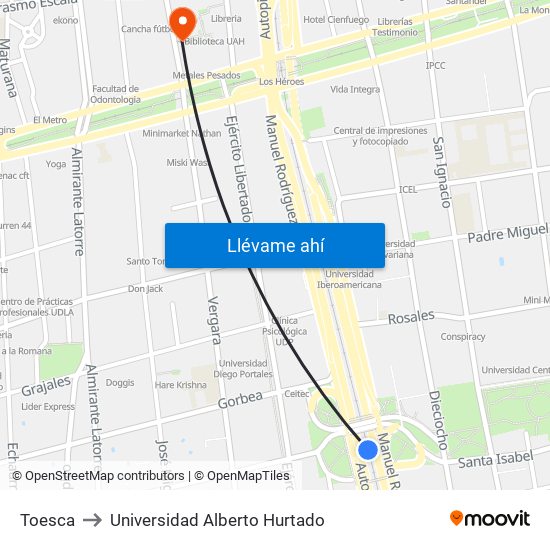 Toesca to Universidad Alberto Hurtado map