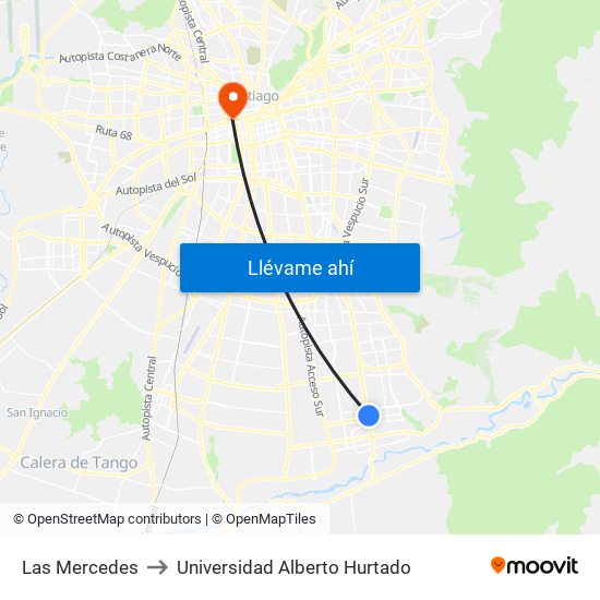 Las Mercedes to Universidad Alberto Hurtado map