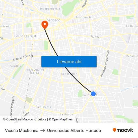 Vicuña Mackenna to Universidad Alberto Hurtado map