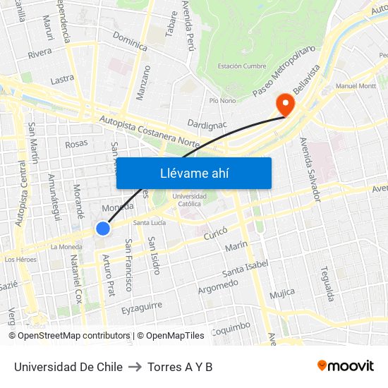 Universidad De Chile to Torres A Y B map