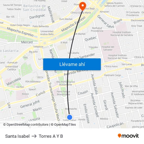 Santa Isabel to Torres A Y B map