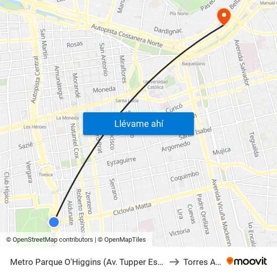 Metro Parque O'Higgins (Av. Tupper Esq. Av. Viel) to Torres A Y B map