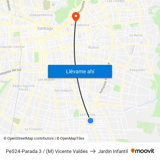 Pe524-Parada 3 / (M) Vicente Valdés to Jardín Infantil map