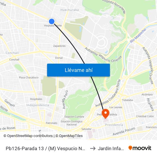 Pb126-Parada 13 / (M) Vespucio Norte to Jardín Infantil map