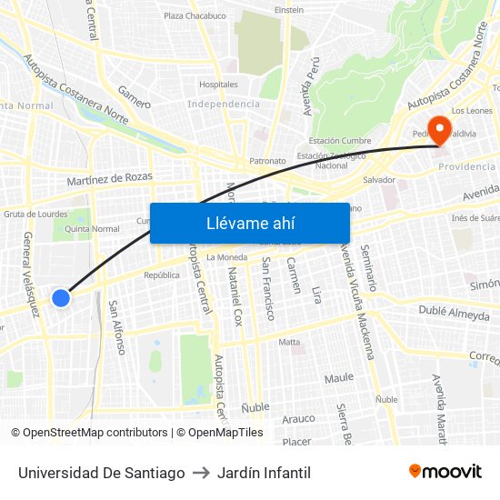 Universidad De Santiago to Jardín Infantil map