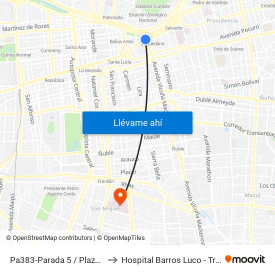 Pa383-Parada 5 / Plaza Italia to Hospital Barros Luco - Trudeau map