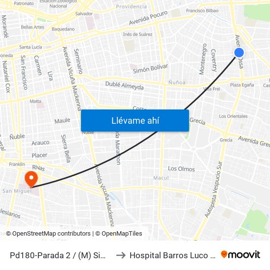 Pd180-Parada 2 / (M) Simón Bolívar to Hospital Barros Luco - Trudeau map