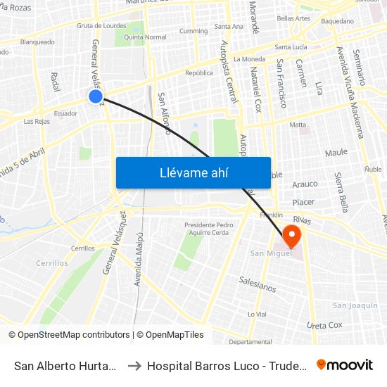 San Alberto Hurtado to Hospital Barros Luco - Trudeau map