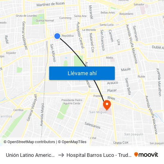 Unión Latino Americana to Hospital Barros Luco - Trudeau map