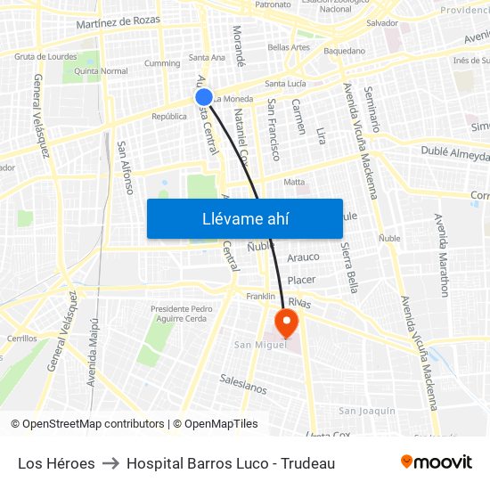 Los Héroes to Hospital Barros Luco - Trudeau map