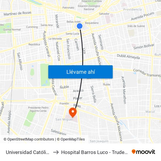 Universidad Católica to Hospital Barros Luco - Trudeau map