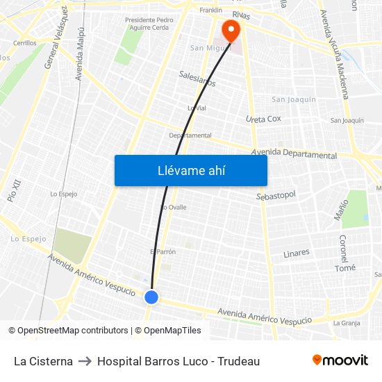 La Cisterna to Hospital Barros Luco - Trudeau map