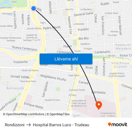 Rondizzoni to Hospital Barros Luco - Trudeau map