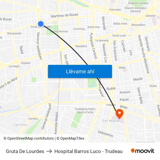 Gruta De Lourdes to Hospital Barros Luco - Trudeau map