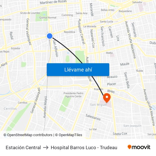 Estación Central to Hospital Barros Luco - Trudeau map