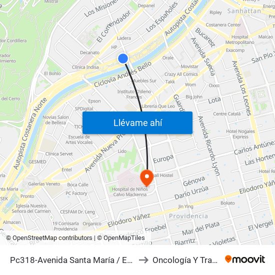 Pc318-Avenida Santa María / Esq. Av. Pedro De Valdivia to Oncología Y Transplante (Troi) map