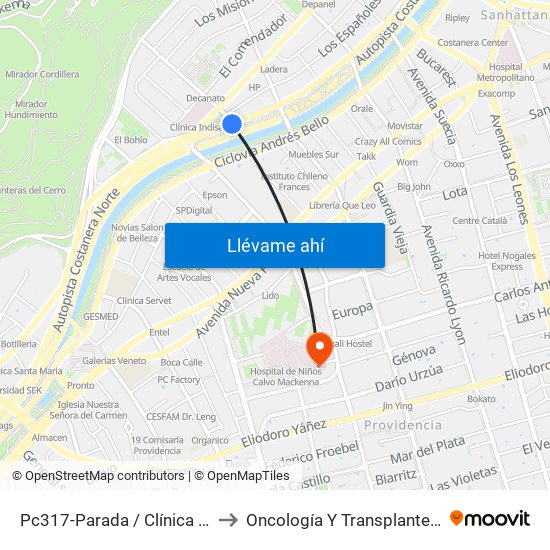 Pc317-Parada / Clínica Indisa to Oncología Y Transplante (Troi) map