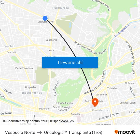 Vespucio Norte to Oncología Y Transplante (Troi) map