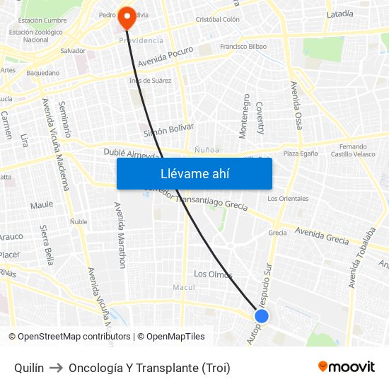 Quilín to Oncología Y Transplante (Troi) map