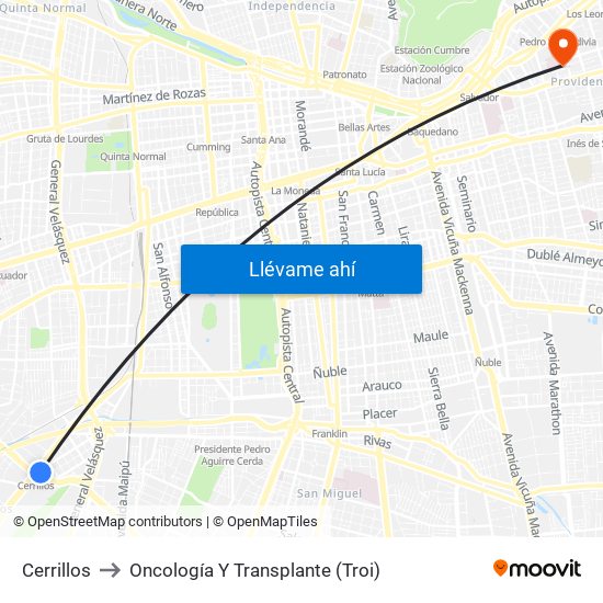 Cerrillos to Oncología Y Transplante (Troi) map