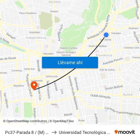 Pc37-Parada 8 / (M) Los Leones to Universidad Tecnológica Metropolitana map