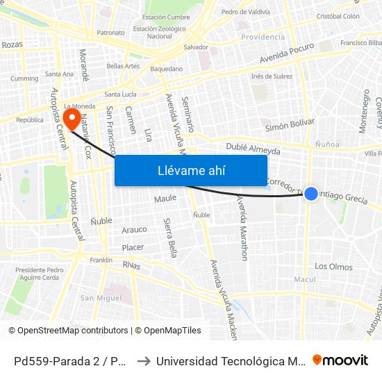 Pd559-Parada 2 / Pedagógico to Universidad Tecnológica Metropolitana map