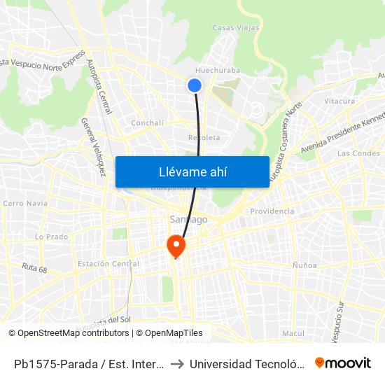 Pb1575-Parada / Est. Intermodal Vespucio Norte to Universidad Tecnológica Metropolitana map