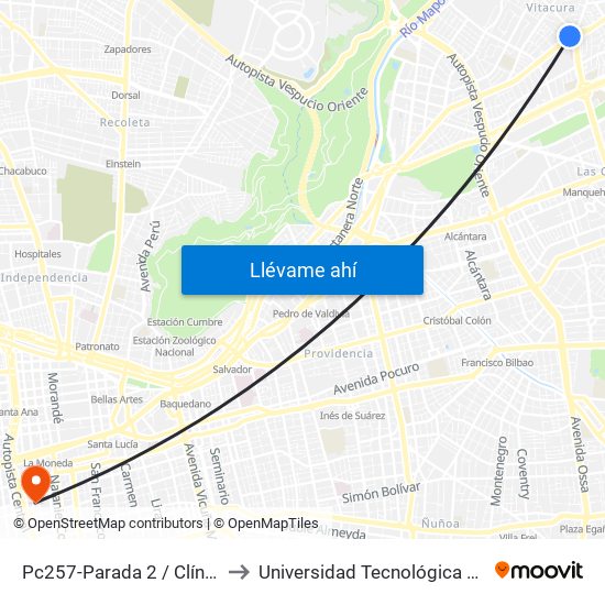 Pc257-Parada 2 / Clínica Alemana to Universidad Tecnológica Metropolitana map