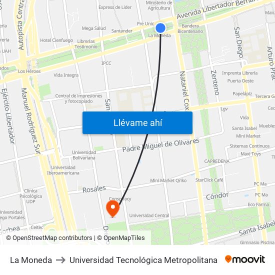 La Moneda to Universidad Tecnológica Metropolitana map