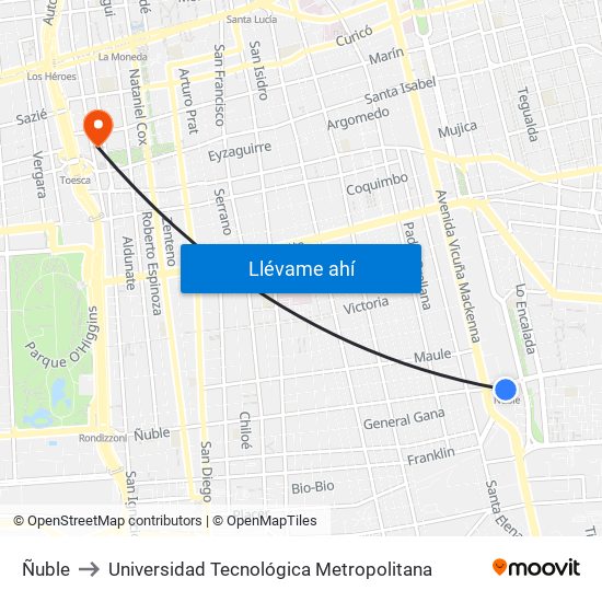 Ñuble to Universidad Tecnológica Metropolitana map