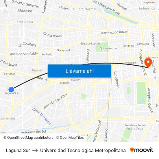 Laguna Sur to Universidad Tecnológica Metropolitana map