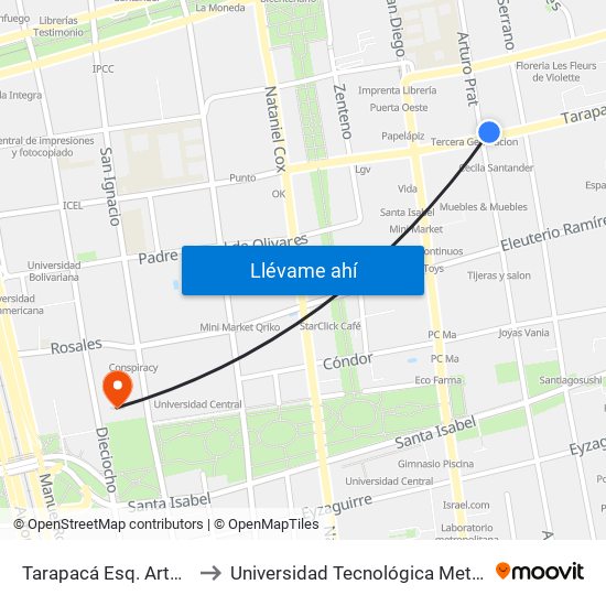 Tarapacá Esq. Arturo Prat to Universidad Tecnológica Metropolitana map