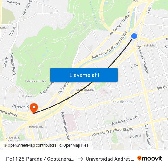 Pc1125-Parada / Costanera Center to Universidad Andres Bello map