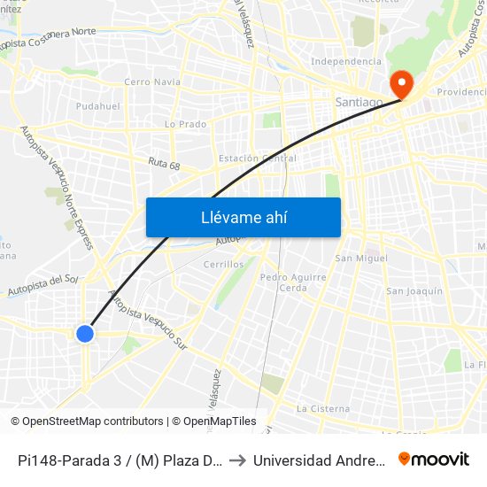 Pi148-Parada 3 / (M) Plaza De Maipú to Universidad Andres Bello map