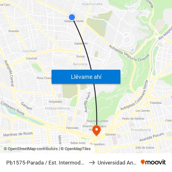 Pb1575-Parada / Est. Intermodal Vespucio Norte to Universidad Andres Bello map
