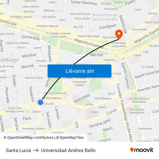 Santa Lucía to Universidad Andres Bello map