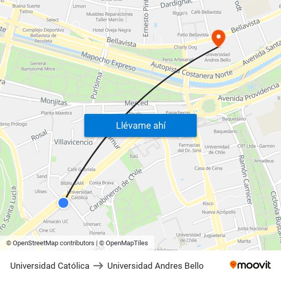 Universidad Católica to Universidad Andres Bello map