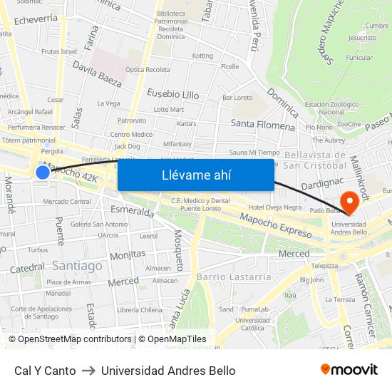 Cal Y Canto to Universidad Andres Bello map