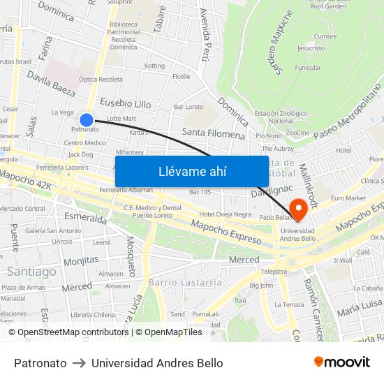 Patronato to Universidad Andres Bello map