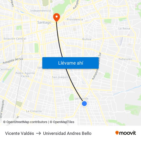 Vicente Valdés to Universidad Andres Bello map
